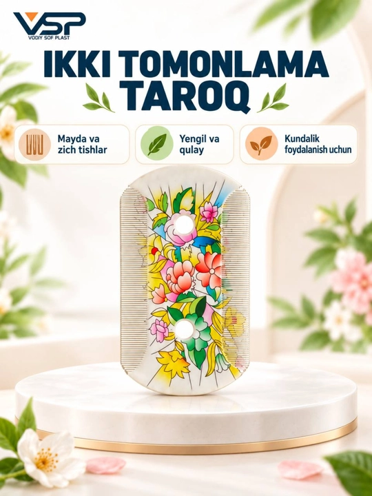 Ikki tomonlama plastik taroq, mayda va zich tishli, kundalik foydalanish uchun