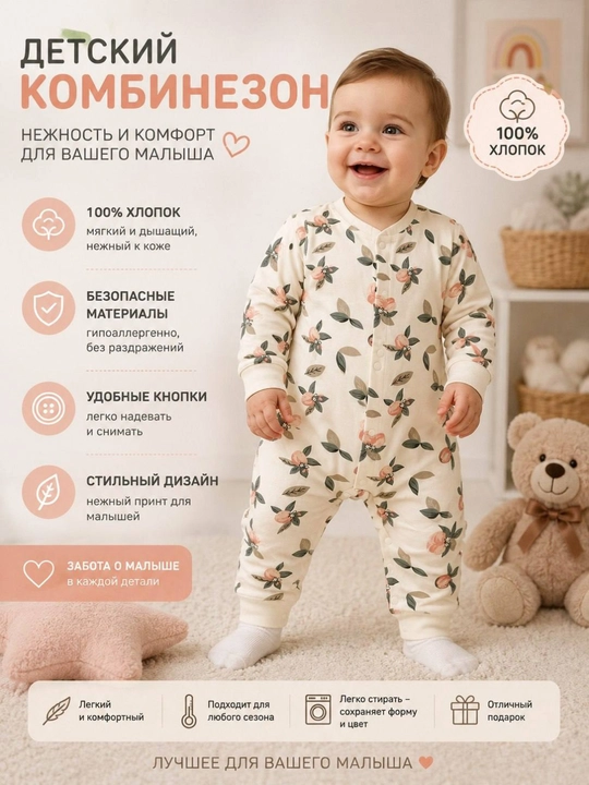 Uzun yengli, tugmali paxtali bolalar kombinezoni, chaqaloqlar uchun slip