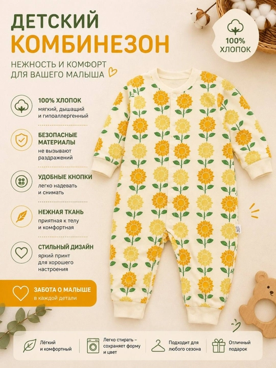 Uzun yengli, tugmali paxtali bolalar kombinezoni, chaqaloqlar uchun slip