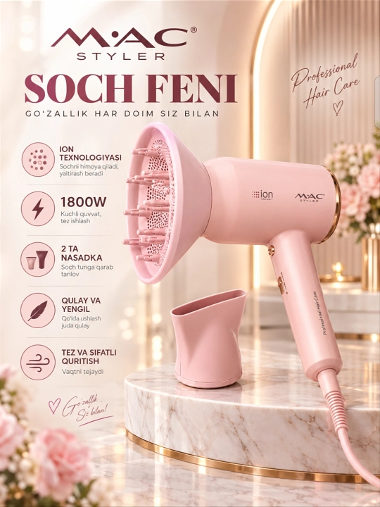Soch fen MAC Styler, professional fen 2200W, soch quritgich, 3 rejim, 2 nasadka
