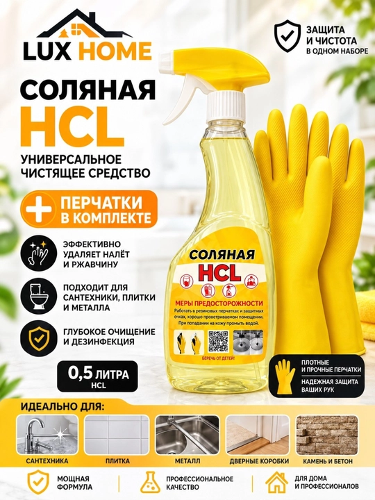 Комплект из чистящего средства HCL и перчаток, предназначен для использования при уборке - 
