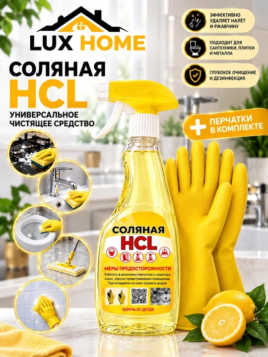 Комплект из чистящего средства HCL и перчаток, предназначен для использования при уборке