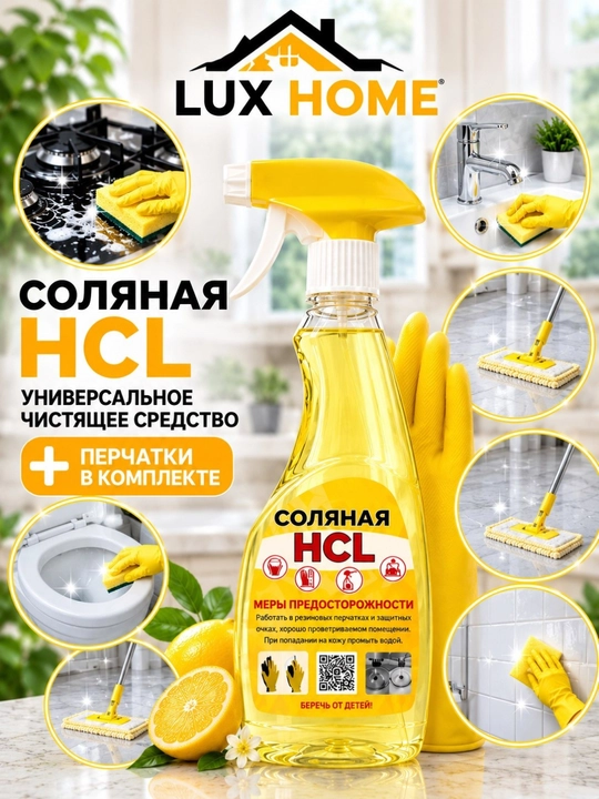 Комплект из чистящего средства HCL и перчаток, предназначен для использования при уборке