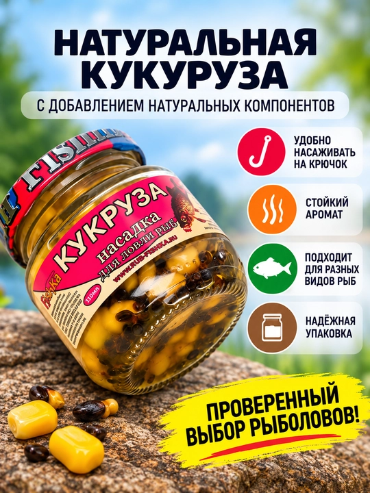 Baliq ovlash uchun ilgakka nasadka Makkajo‘xori Fishka, konserva baliq ovi uchun yem 110 ml