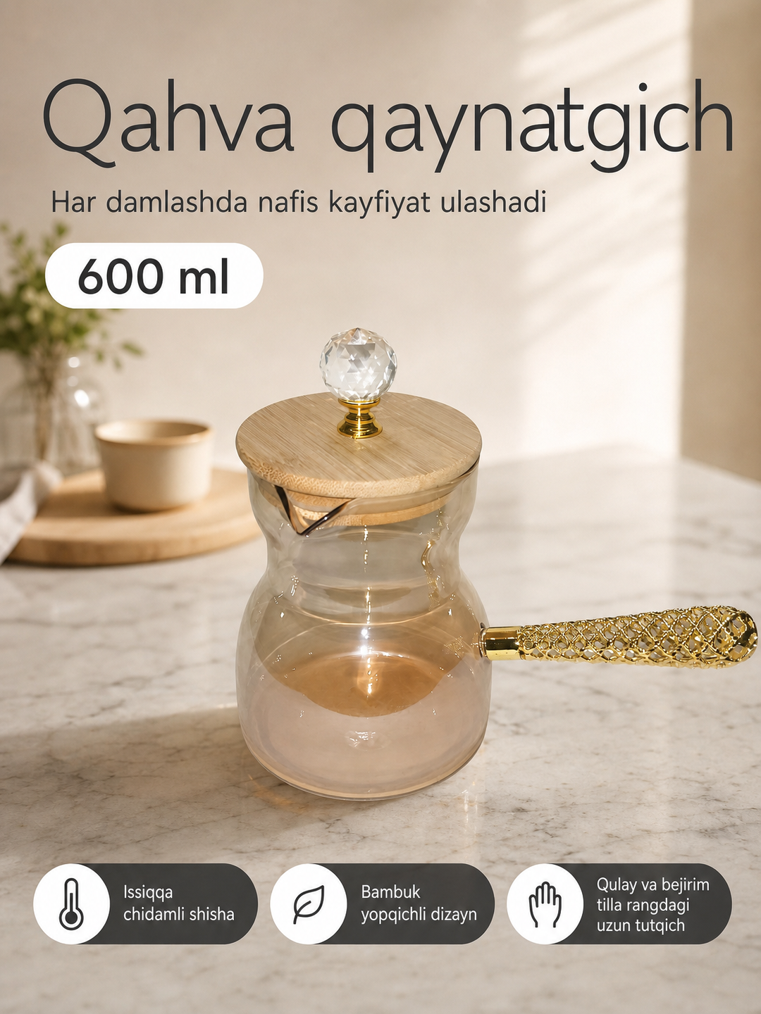 Qahva, choy va sut uchun bambuk qopqoqli shisha idish