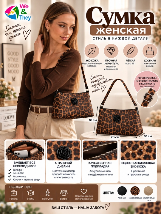 Женская сумка, цветочная, через плечо, повседневная, экокожа - 