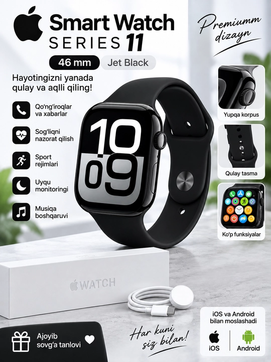 Smart Watch Series 11, 46 mm, Jet Black Aluminum Case, Sport Band
