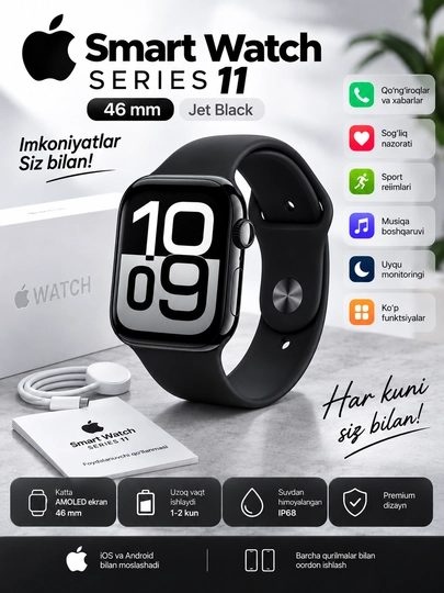 Smart Watch Series 11, 46 mm, Jet Black Aluminum Case, Sport Band