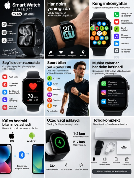 Smart Watch Series 11, 46 mm, Jet Black Aluminum Case, Sport Band