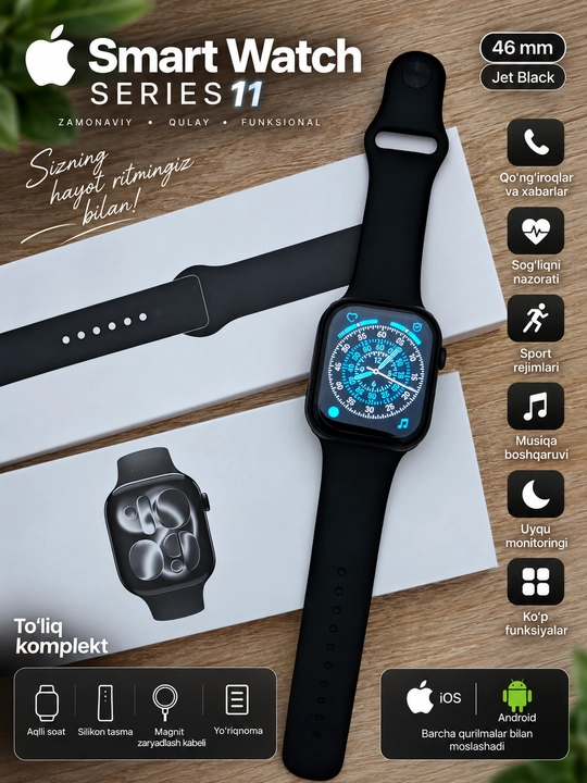 Smart Watch Series 11, 46 mm, Jet Black Aluminum Case, Sport Band - 