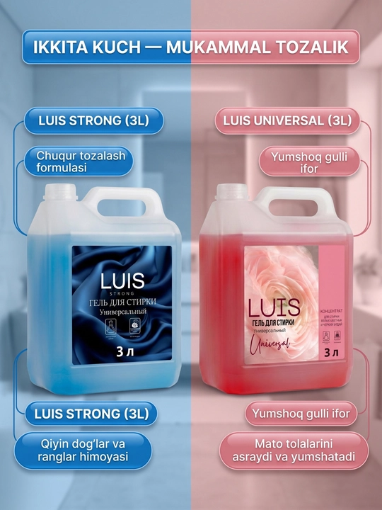LUIS Strong kir yuvish geli 3 l, dog‘ ketkazuvchi suyuq kukun, 50 marta yuvish