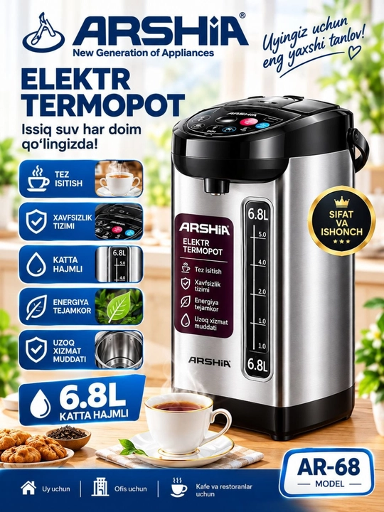 ARSHIA AR-68 6,8 litrli elektr termopot - issiq suv qaynatgich, termopot