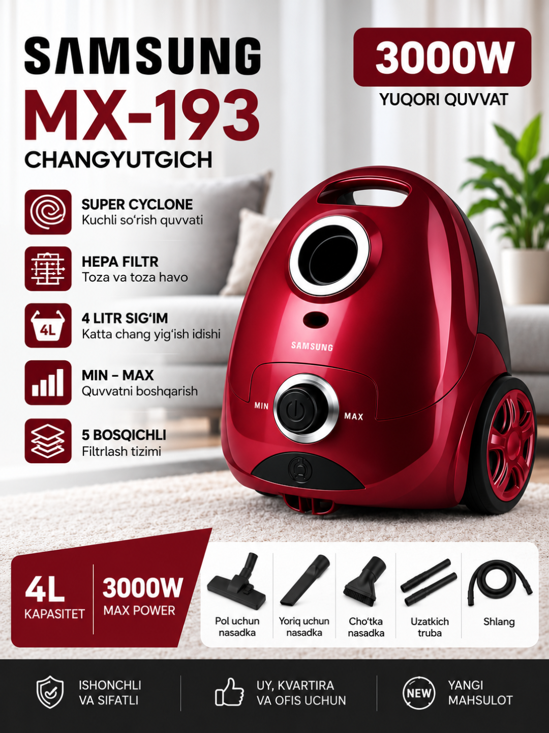 Changyutgich Samsung MX-193 3000W, 4L, HEPA filtr, 5 bosqichli filtrlash, uy va ofis uchun - 