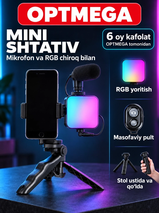3 tasi 1 da selfi shtativ — LED chiroq, mikrofon va pultli, telefon uchun universal tripod - 