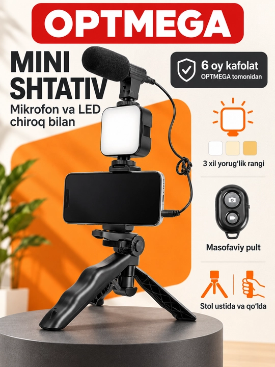 3 tasi 1 da selfi shtativ — LED chiroq, mikrofon va pultli, telefon uchun universal tripod - 