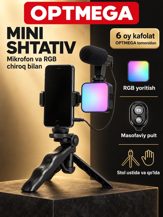 3 tasi 1 da selfi shtativ — LED chiroq, mikrofon va pultli, telefon uchun universal tripod - 