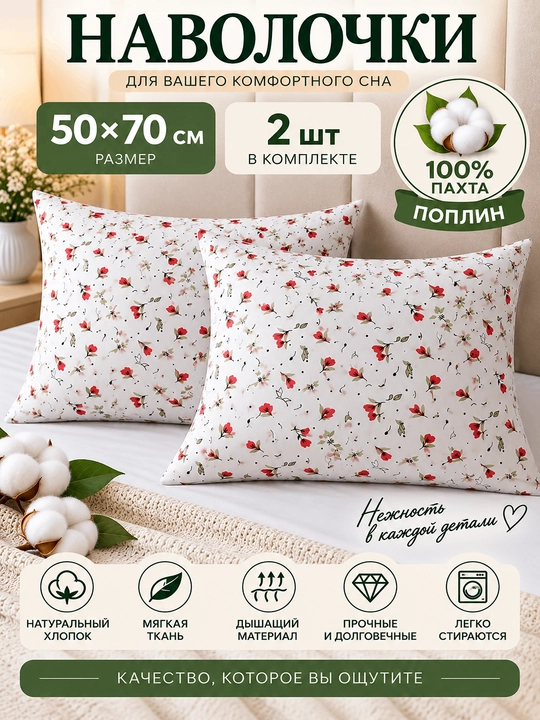 Yostiq jildlari 2 dona, 50x70 sm, 100% paxta poplin