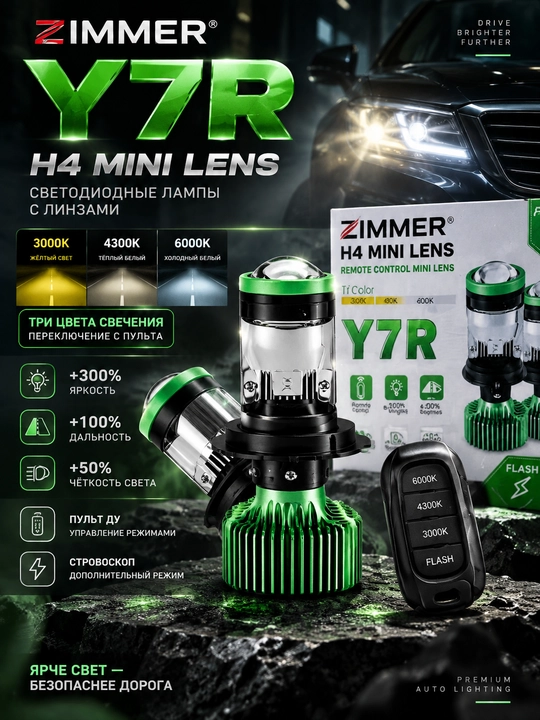 ZIMMER Y7R H4 Mini Lens — светодиодные лампы с линзой, 3 цвета, пульт ДУ - 