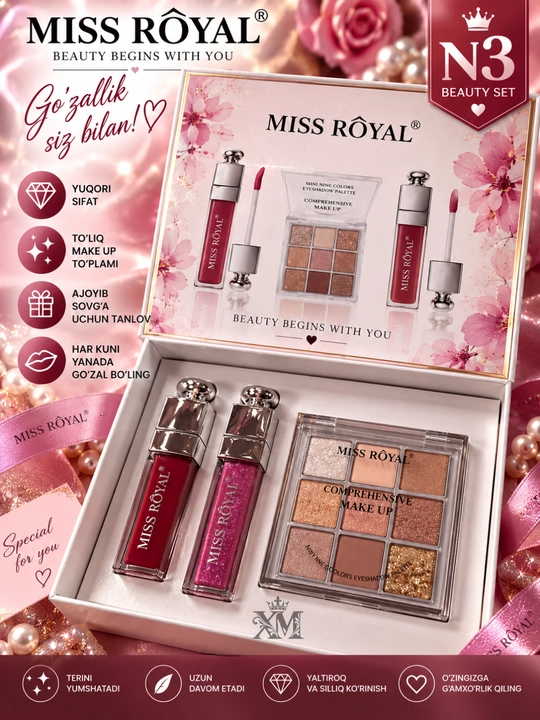 Miss Royal makiyaj to'plami, 3 tasi 1 da, ten va lab yaltirog'i, sovg'a uchun kosmetika to'plami - 
