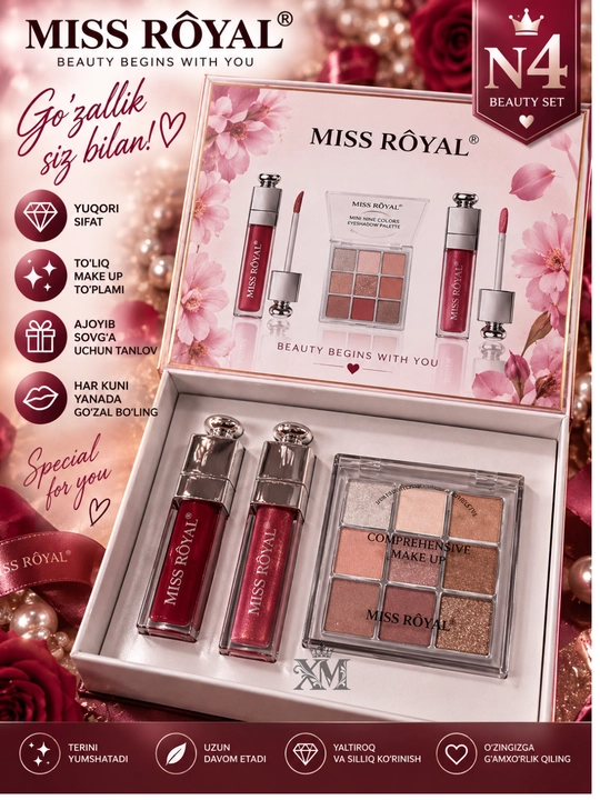 Miss Royal makiyaj to'plami, 3 tasi 1 da, ten va lab yaltirog'i, sovg'a uchun kosmetika to'plami - 