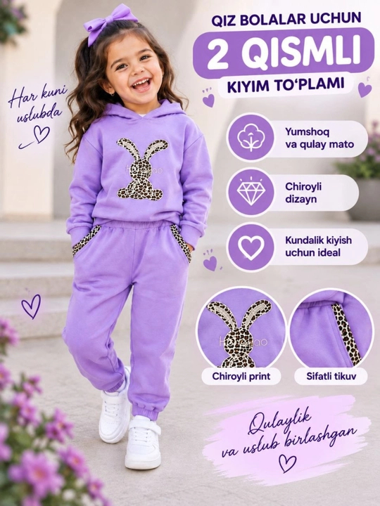 1 yoshdan 10 yoshgacha bo‘lgan bolalar uchun qiz bolalar sport kostyumi, kuzgi-qishki