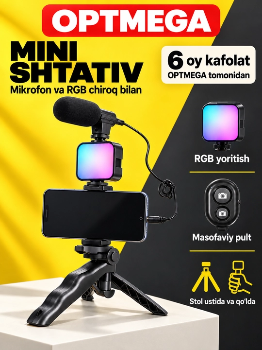 3 tasi 1 da selfi shtativ — LED chiroq, mikrofon va pultli, telefon uchun universal tripod - 