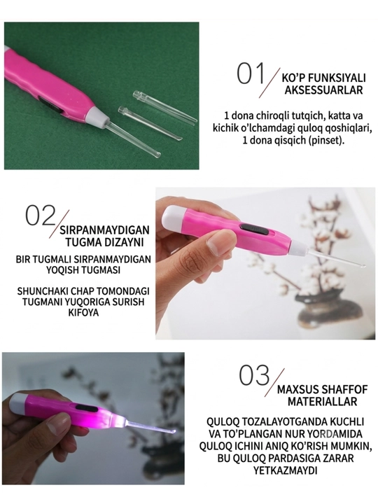 LED chiroqli va oynali quloq tozalash moslamasi, bolalar va kattalar uchun