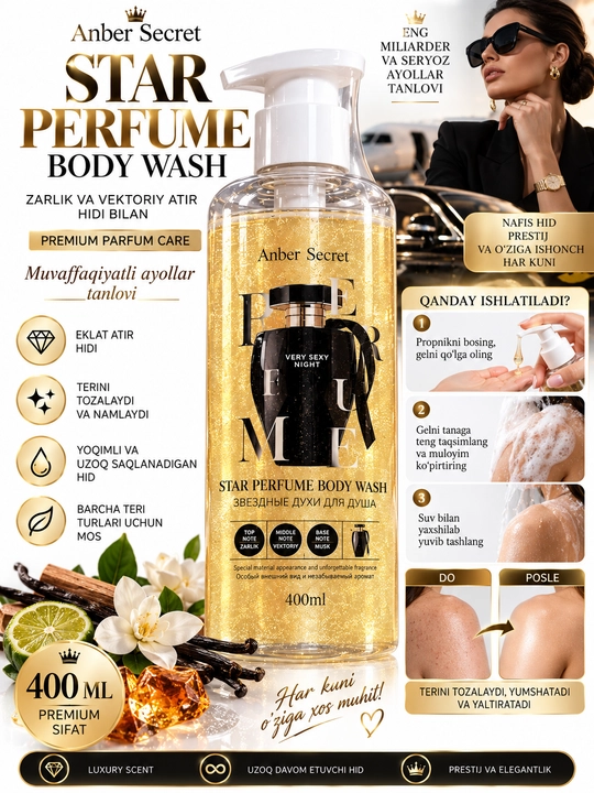 Anna Secret dush geli, atir hidli mayin zarli, tana uchun parfyumli gel, 400 ml 