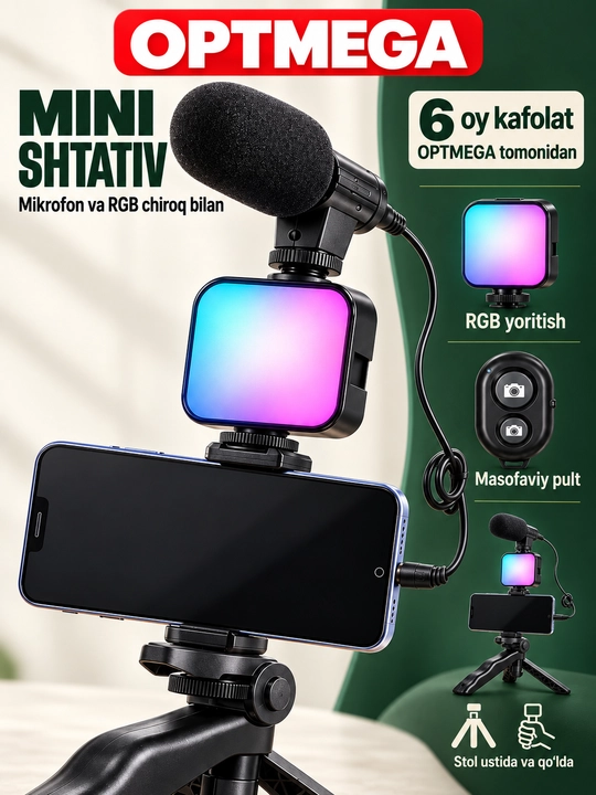 3 tasi 1 da selfi shtativ — LED chiroq, mikrofon va pultli, telefon uchun universal tripod - 