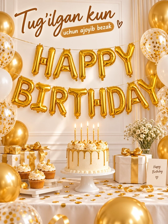 Happy Birthday shar nabori, tug‘ilgan kun uchun folgali harf sharlar, bayram bezagi - 