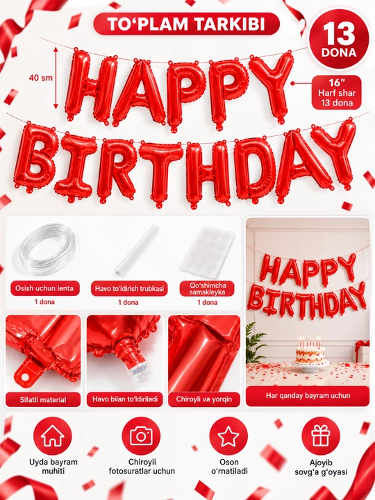 Happy Birthday shar nabori, tug‘ilgan kun uchun folgali harf sharlar, bayram bezagi - 