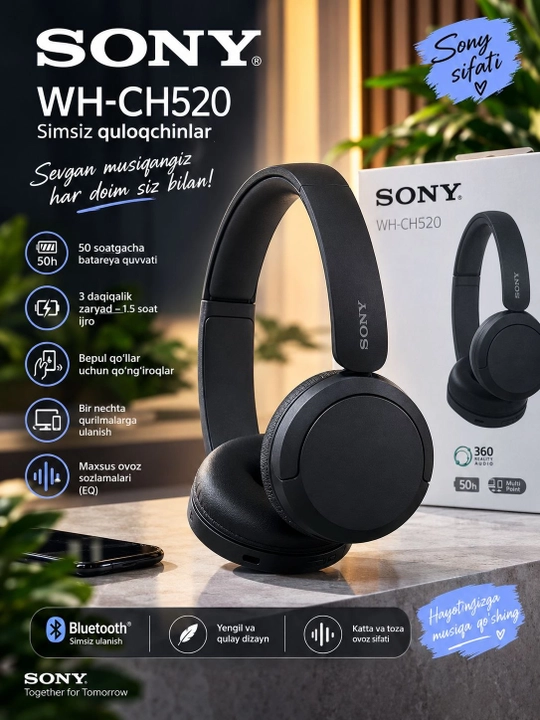 Sony WH-CH520 Simsiz Quloqchin, Bluetooth, 50 Soatgacha Batareya, Qora - 