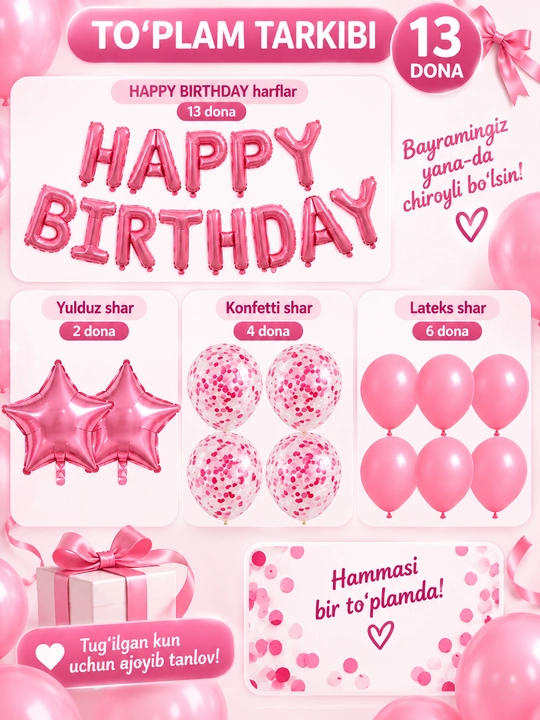 Happy Birthday shar nabori, tug‘ilgan kun uchun folgali harf sharlar, bayram bezagi - 