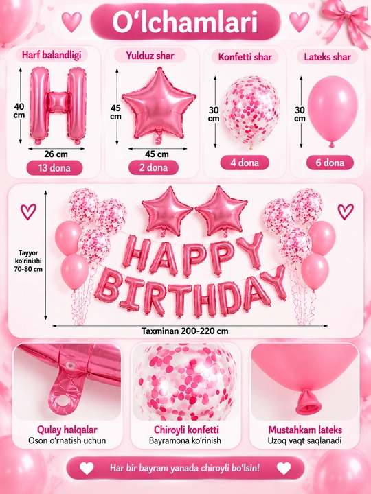 Happy Birthday shar nabori, tug‘ilgan kun uchun folgali harf sharlar, bayram bezagi
