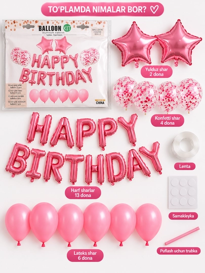 Happy Birthday shar nabori, tug‘ilgan kun uchun folgali harf sharlar, bayram bezagi