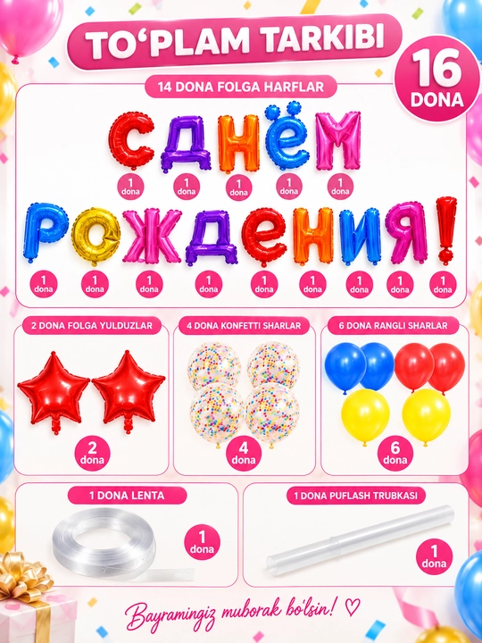 Набор шаров Happy Birthday на день рождения, фольгированные буквы, праздничный декор
