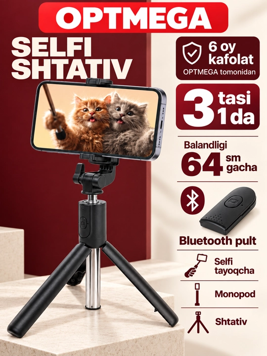 Selfi tayoqcha, shtativ, tripod, led chiroq, stabilizator, telefon uchun shtativ - 