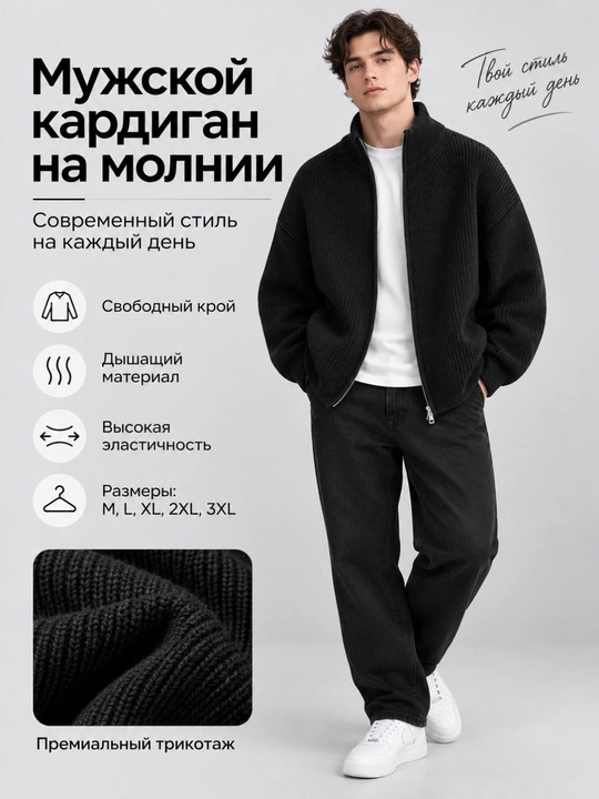 Кардиган мужской вязаный на молнии, оверсайз, трикотажный, осень-зима - 