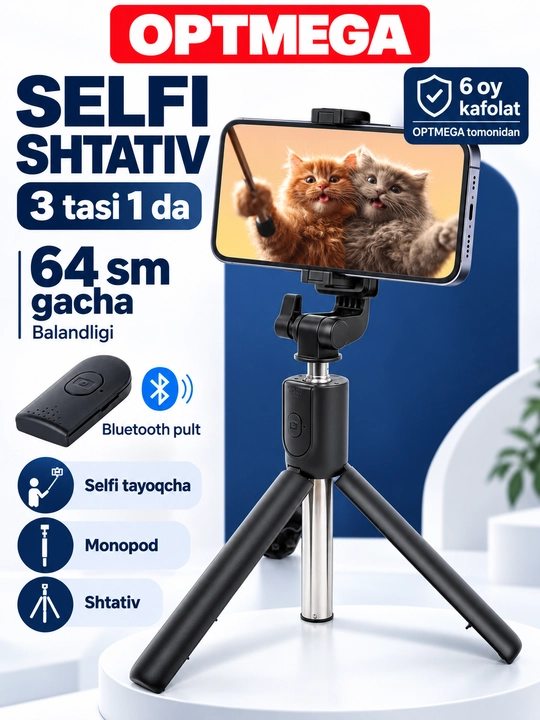 Selfi tayoqcha, shtativ, tripod, led chiroq, stabilizator, telefon uchun shtativ - 