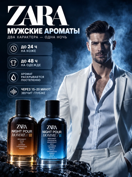 Парфюмерная вода для мужчин ZARA Night Pour Homme II 100 мл + Night Pour Homme III, 100 мл