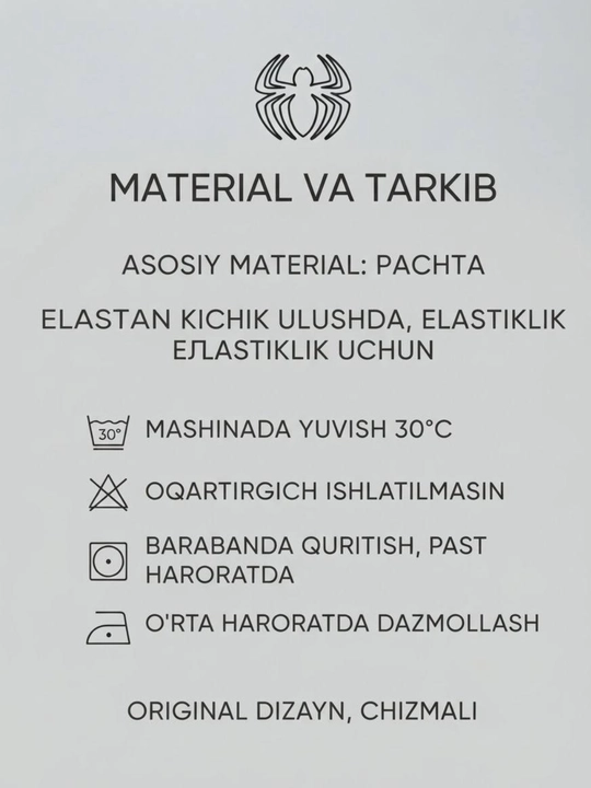 O'rgimchak odam SPIDERMAN 99% paxtadan kiyimi, superqahramonlar