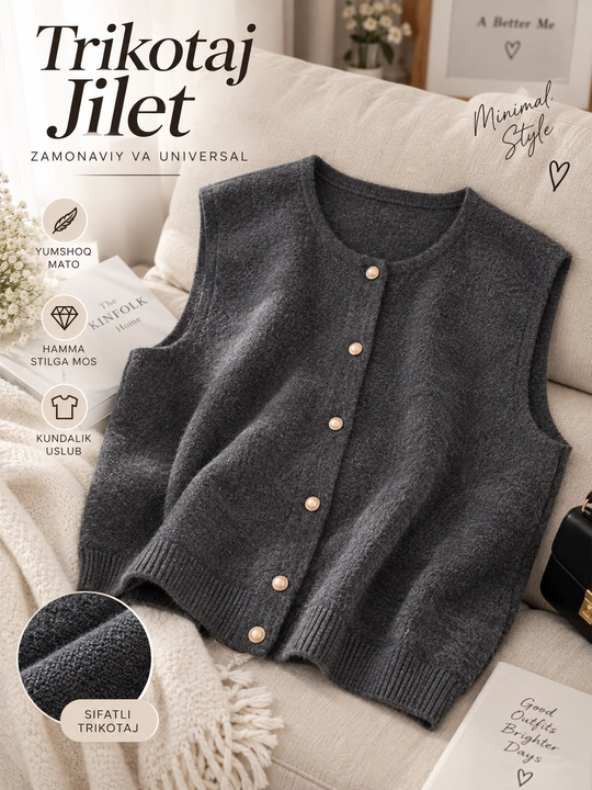 Ayollar trikotaj jileti tugmali Freesize, kuzgi va bahorgi klassik oversize jilet - 