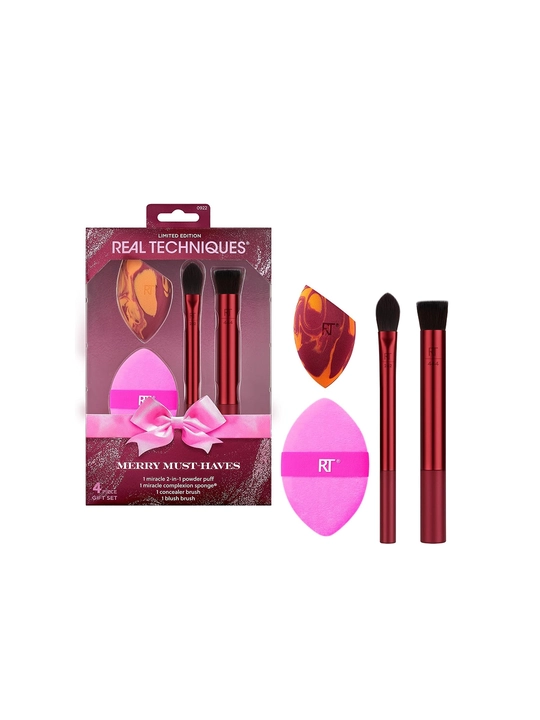 Real Techniques Merry Must-Haves, подарочный набор кистей и спонжа 4 предмета - 