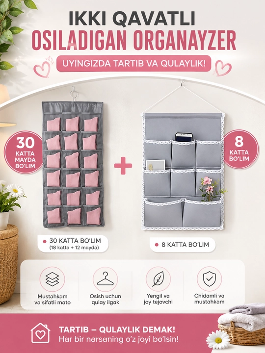 Shikaf uchun idish organizer 2 ta osma organizer to‘plami – kiyim-kechak va buyumlar uchun - 