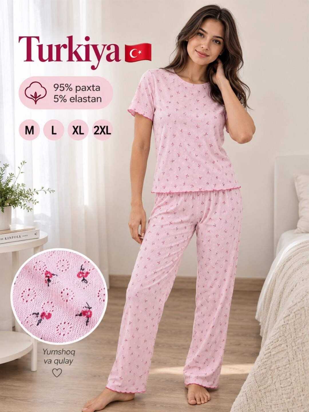 Ayollar pijamasi, Turkiya, paxta, uy uchun, M-2XL - 