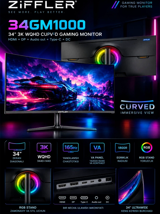 Игровой монитор ZIFFLER 34GM1000-34″ 3K WQHD Curved Gaming monitor VA panel 165hz RGB - 