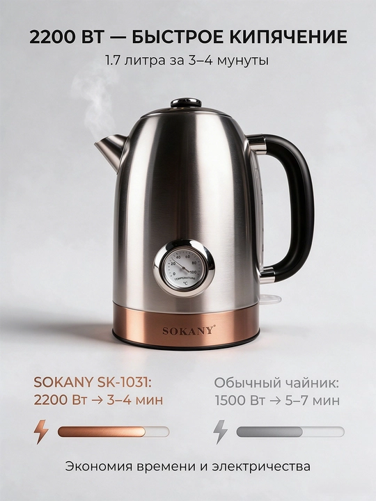Elektr choynak SOKANY SK-1031 1,7L 2200W SS304, analog termometr, vintage dizayn