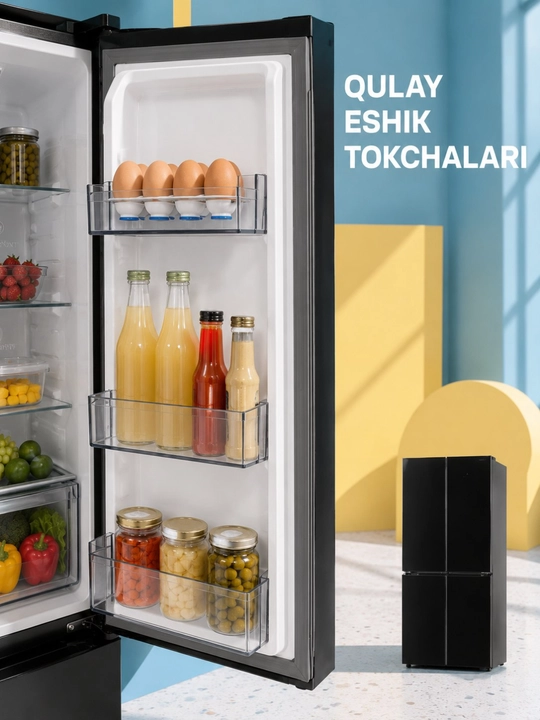 To‘rt eshikli qora sovutgich, shisha tokchalar va keng tortmalar bilan