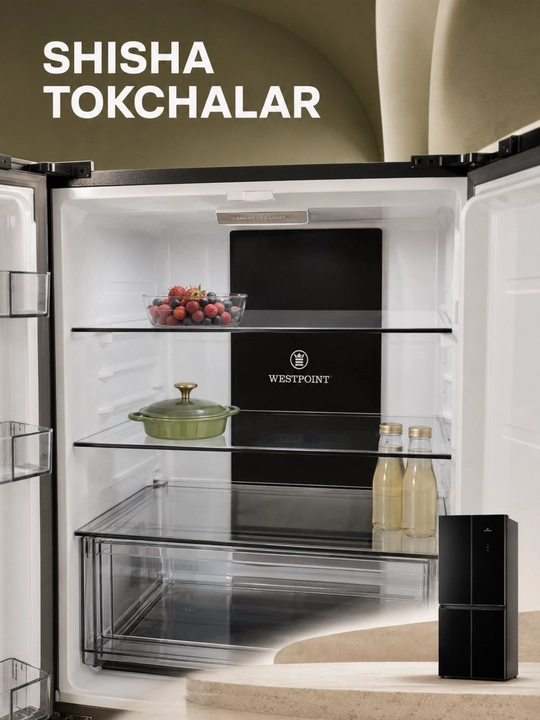 To‘rt eshikli qora sovutgich, shisha tokchalar va keng tortmalar bilan