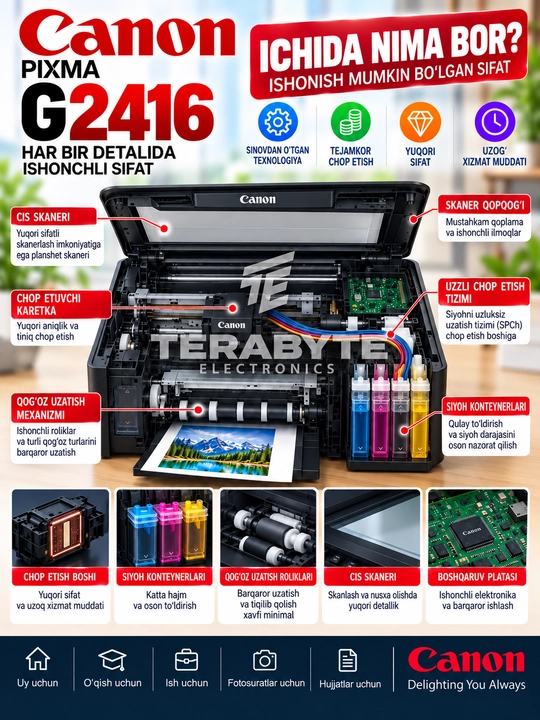 Canon PIXMA G2416 — uy va ofis uchun uzluksiz siyoh uzatish tizimiga ega tejamkor MFP